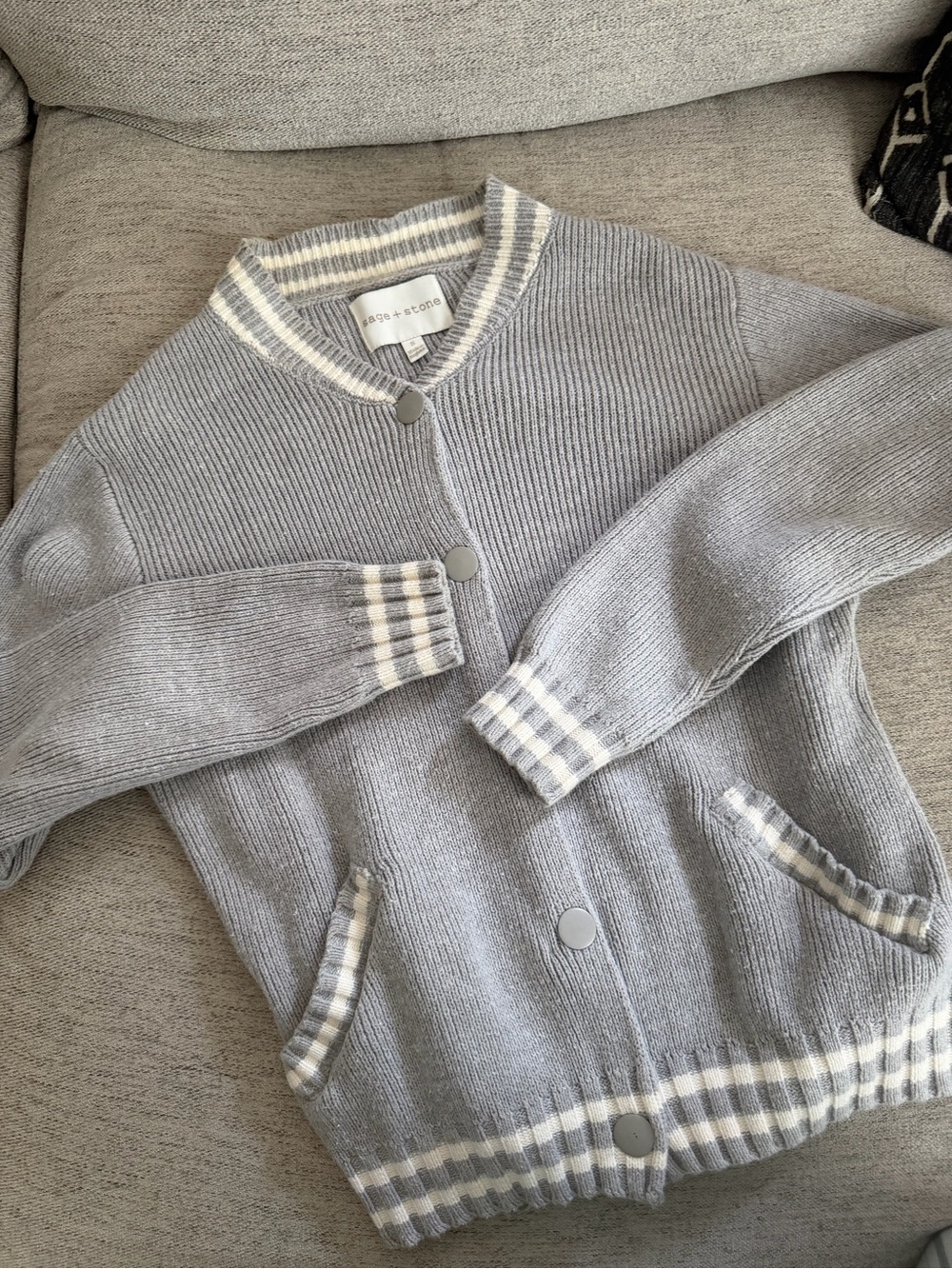 Sage + Stone Light Gray Ribbed Snap-Front Cardigan with Cream Stripe Trim